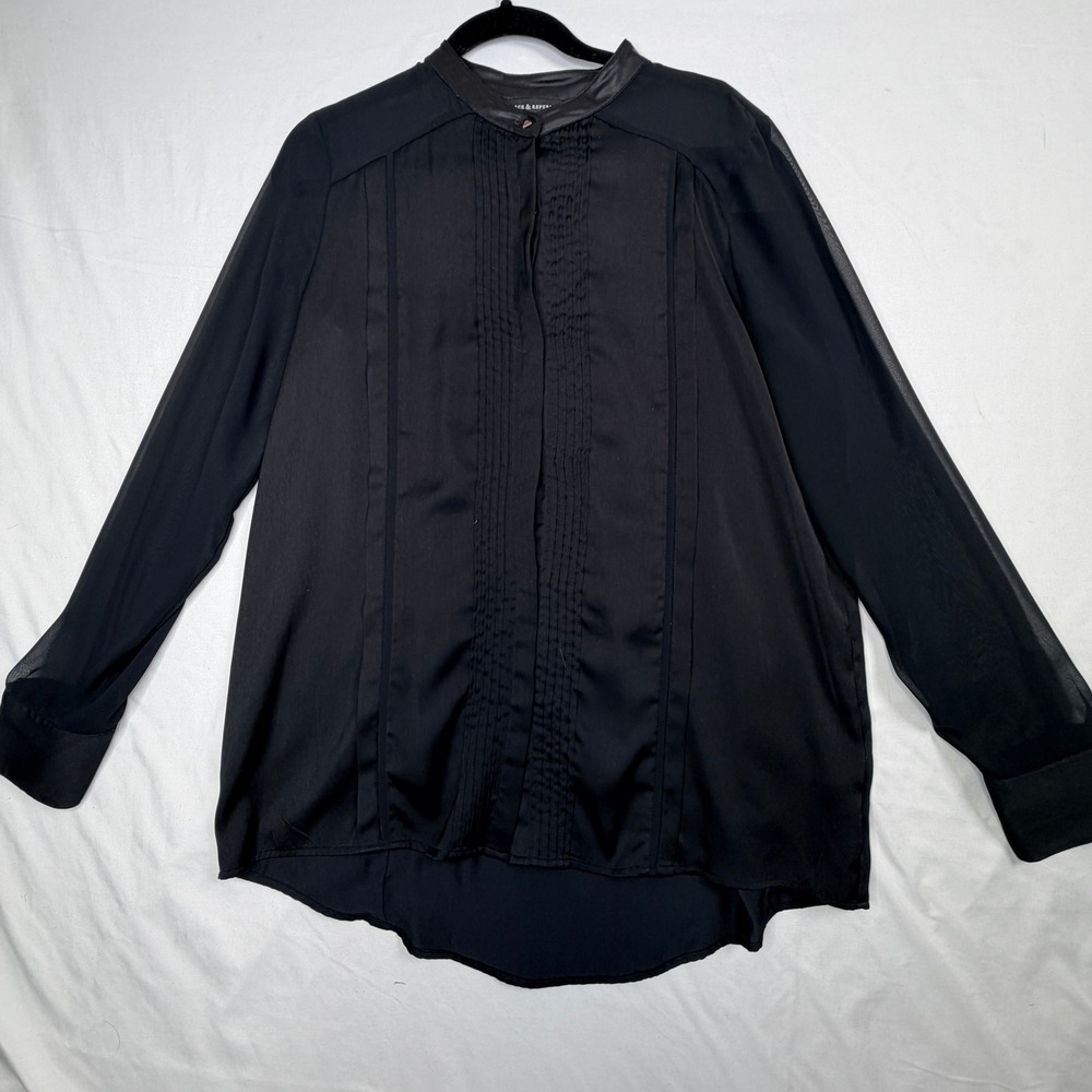 Rock & Republic Womens Black Pintuck Pleated Sheer Sleeve Blouse Top Large 1573